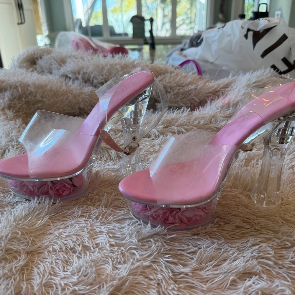 Clear Strap Pink Platform Heels with Floral Detail